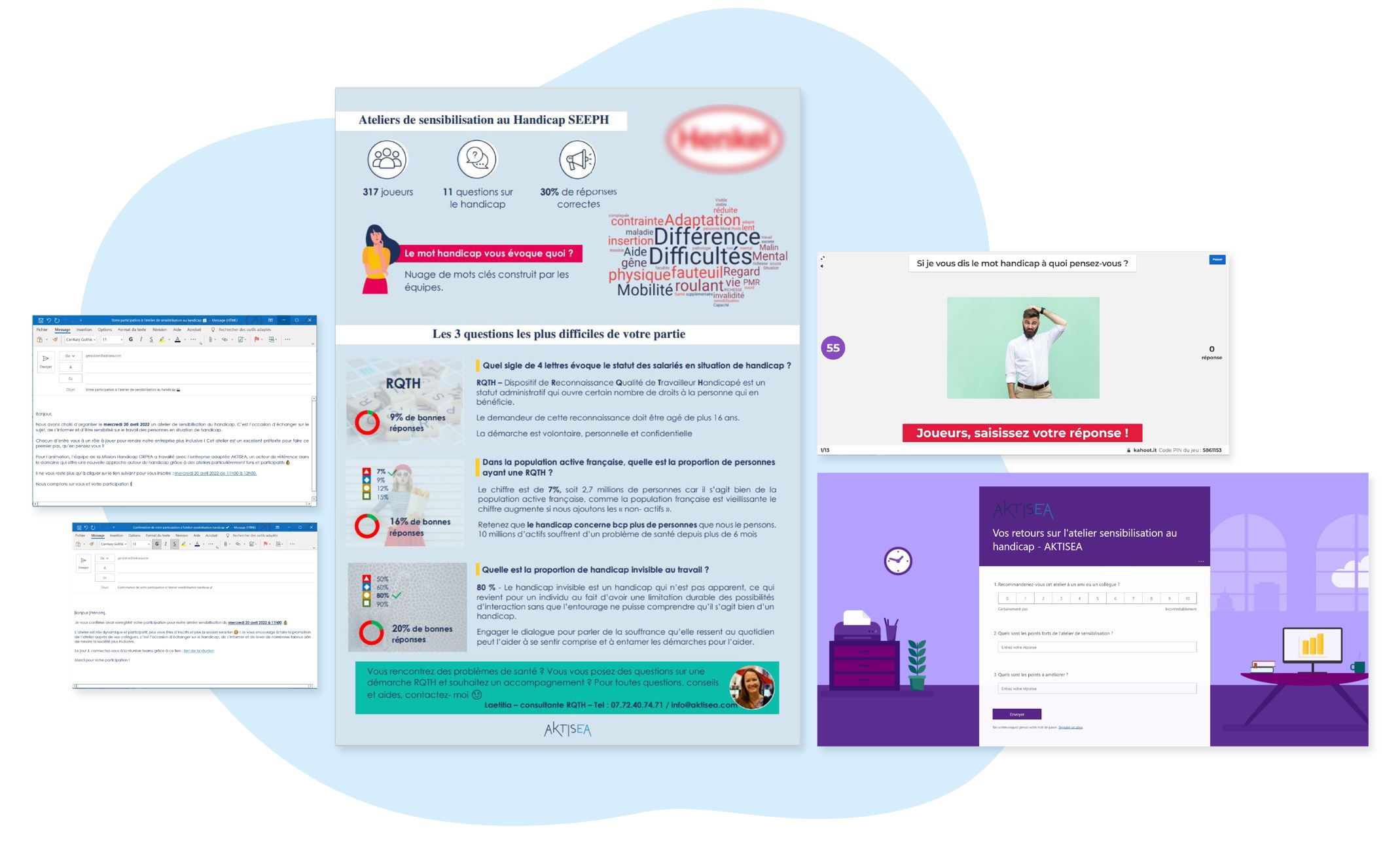 Supports de communication fournis par AKTISEA après des ateliers de sensibilisation au handicap. Une prestation clé en main pour lever les tabous et aborder la RQTH en entreprise.