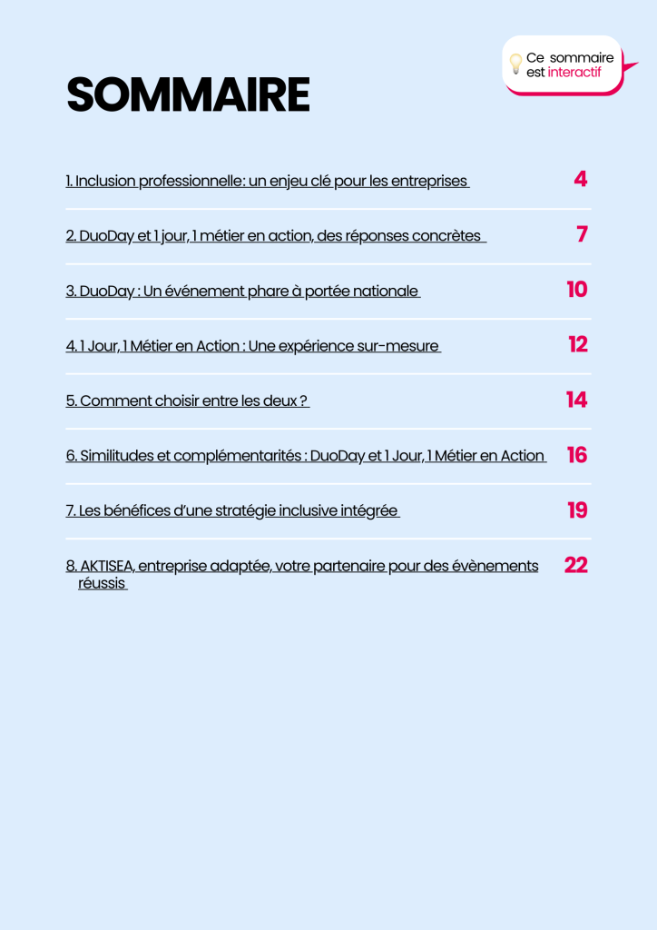 Sommaire livre blanc 1 jour, 1 métier en action et duoday
